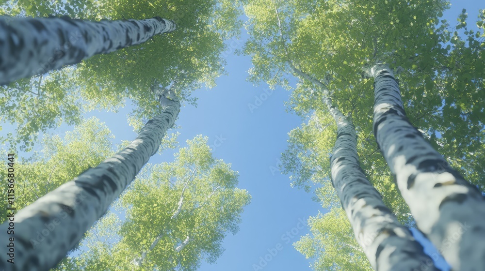 Poster birch trees reaching skyward against a vibrant blue backdrop with a fresh perspective from below sho