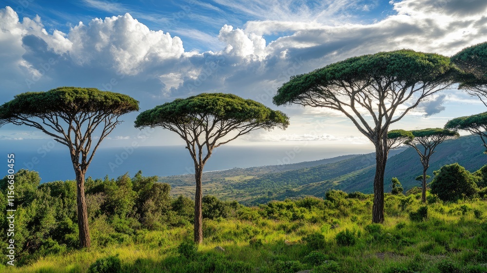 Poster serene coastal landscape with unique trees against a dramatic sky and rolling green hills in the bac
