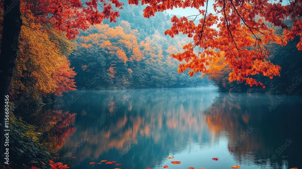 Poster autumn foliage reflecting on tranquil lake surrounded by colorful trees in serene landscape setting