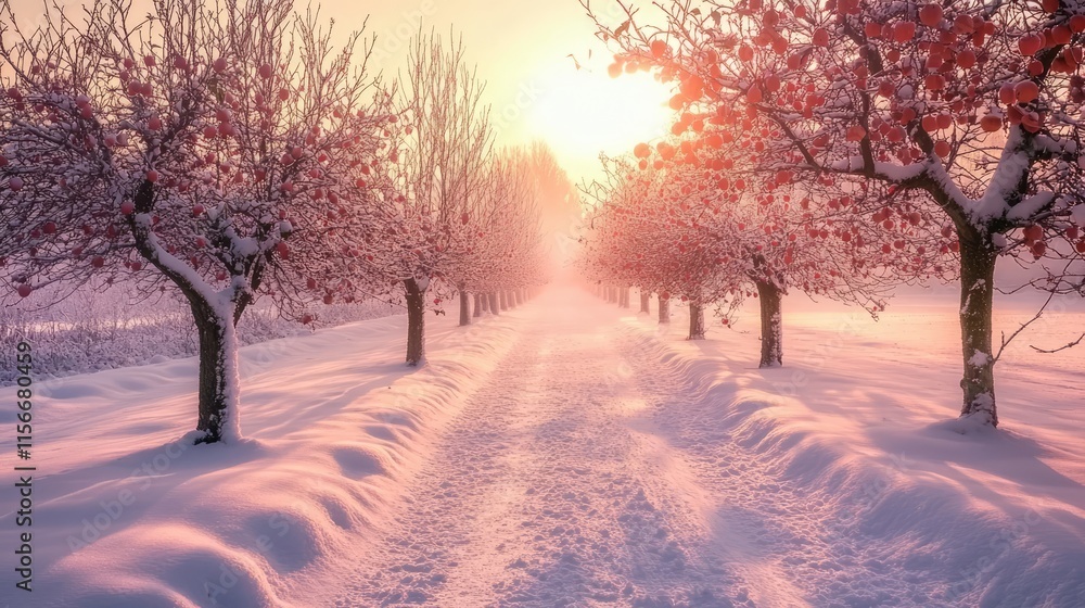 Poster serene winter landscape of apple orchard trees blanketed in snow at sunrise creating a tranquil path