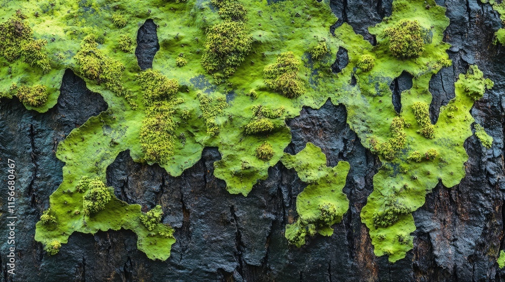 Poster mossy tree trunk showcasing vibrant green moss patterns on textured bark for nature and environment 