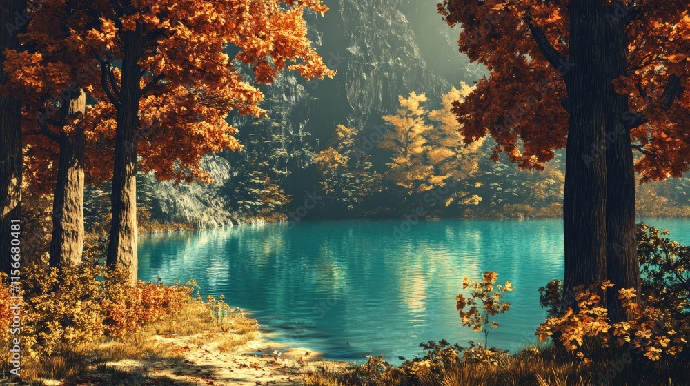 Poster vibrant autumn trees reflecting in a serene emerald lake surrounded by rocky cliffs and nature's tra