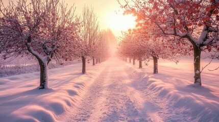 Fototapeta premium Serene winter landscape of apple orchard trees blanketed in snow at sunrise creating a tranquil pathway through nature's beauty