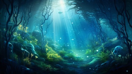Mesmerizing underwater scene showcasing phytoplankton blooms thriving under carefully manipulated light and nutrient conditions creating a fantastical ethereal visual experience