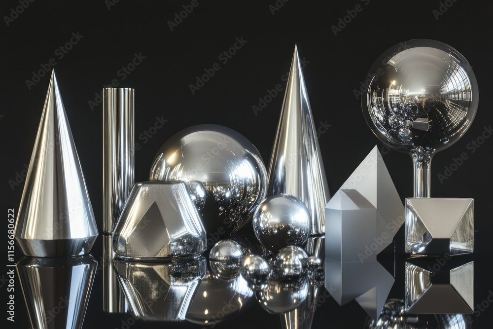 Poster a collection of polished metallic geometric shapes, reflecting light, creating a visually stunning d