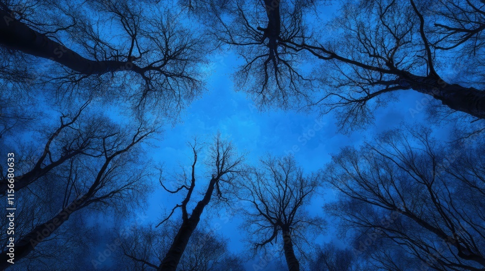 Poster aerial perspective of a dark forest during the blue hour showcasing bare tree branches against a ser