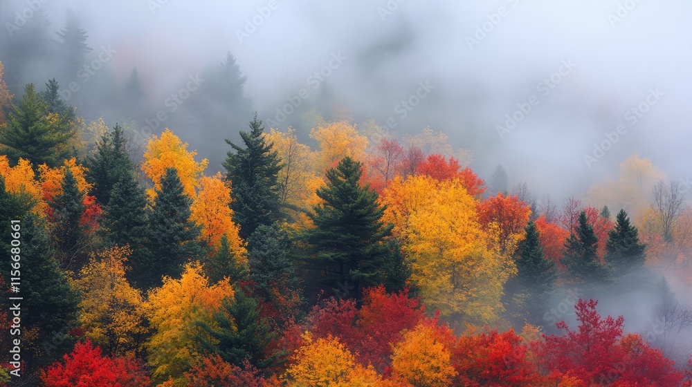 Poster autumn forest landscape with vibrant foliage and fog creating a serene atmosphere in a colorful tree