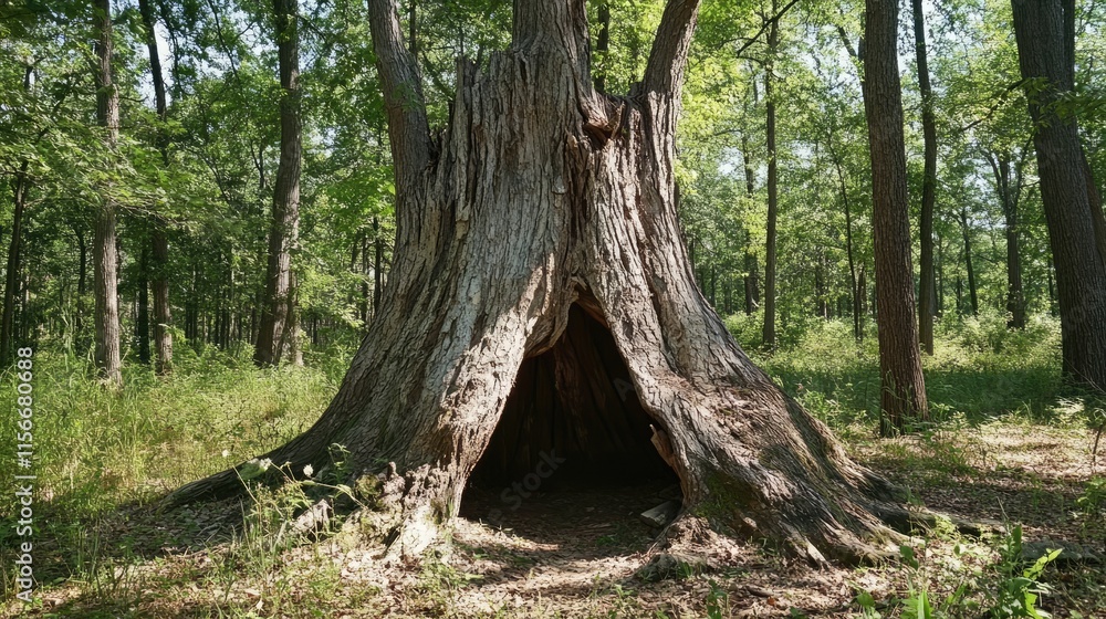 Poster Ancient tree trunk creating a natural shelter in a serene forest setting surrounded by lush greenery and sunlight filtering through the leaves