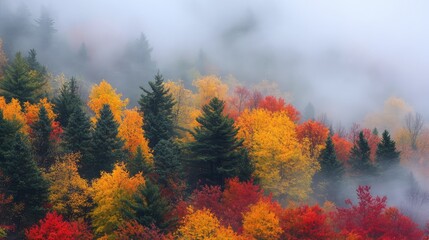 Autumn forest landscape with vibrant foliage and fog creating a serene atmosphere in a colorful tree canopy during the fall season.