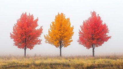 Fototapeta premium Autumn trees in fog showcasing vibrant red orange and yellow foliage in a serene natural landscape ideal for seasonal imagery