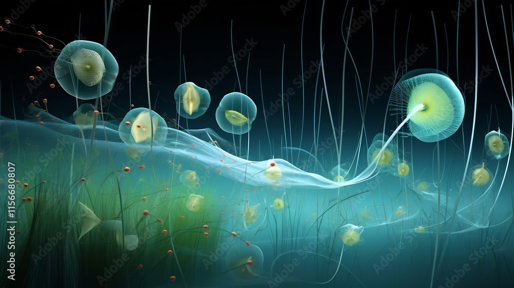 Poster visually striking 3d rendering depicting a diverse array of phytoplankton species flourishing in an 