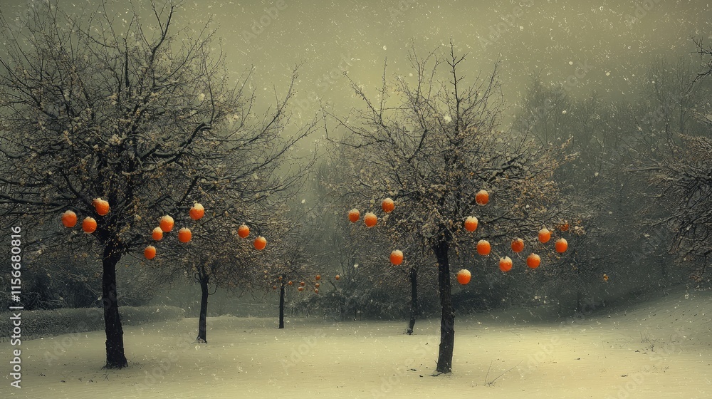 Poster Winter landscape with orange ornaments on bare trees in snowy environment creating a tranquil and surreal atmosphere