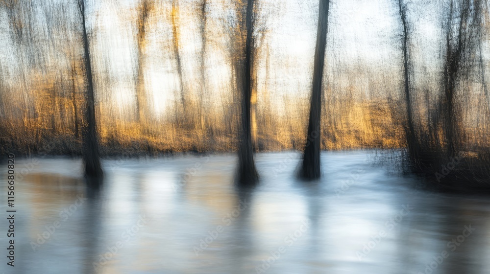 Poster Trees reflected in a serene stream with soft focus creating an ethereal atmosphere in a tranquil natural setting