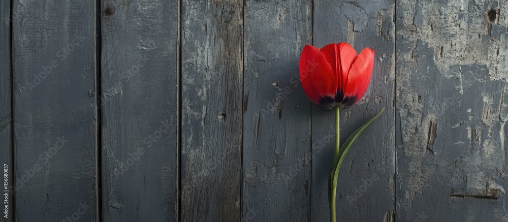 Poster red tulip displayed on a rustic gray wooden background showcasing natural beauty and simplicity in f