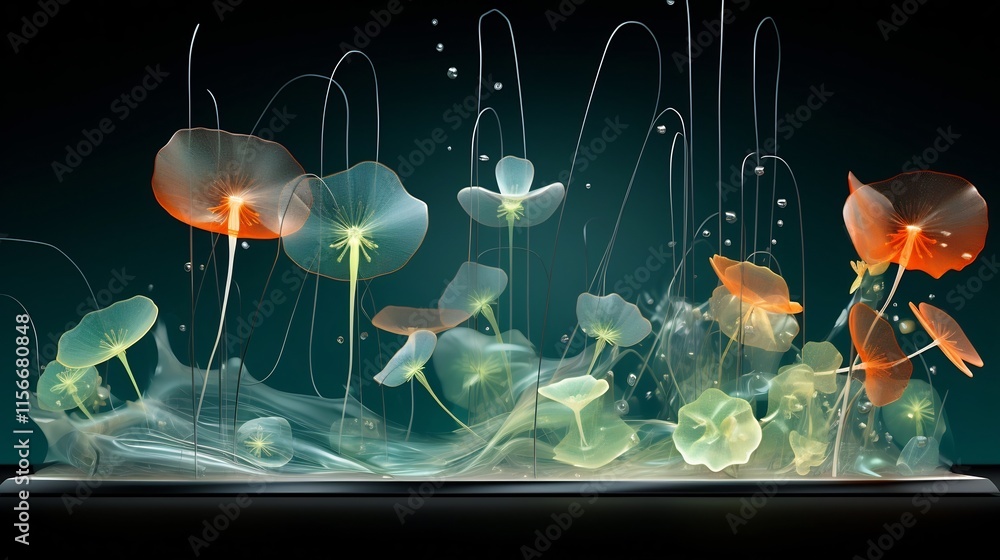Poster abstract 3d visualization depicting a diverse array of phytoplankton species flourishing in an optim