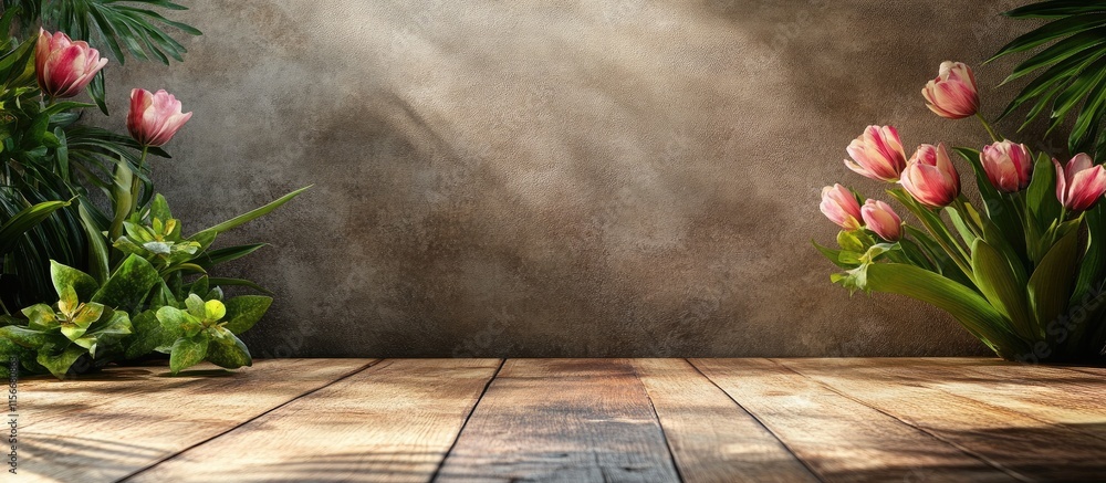 Aufkleber Tulips in bloom on a rustic wooden surface creating a serene and inviting atmosphere with ample copy space for text integration