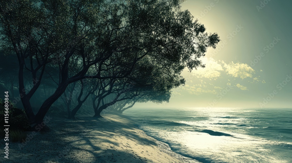 Poster coastal landscape with silhouetted trees at the beach under a serene sky and reflective ocean waters