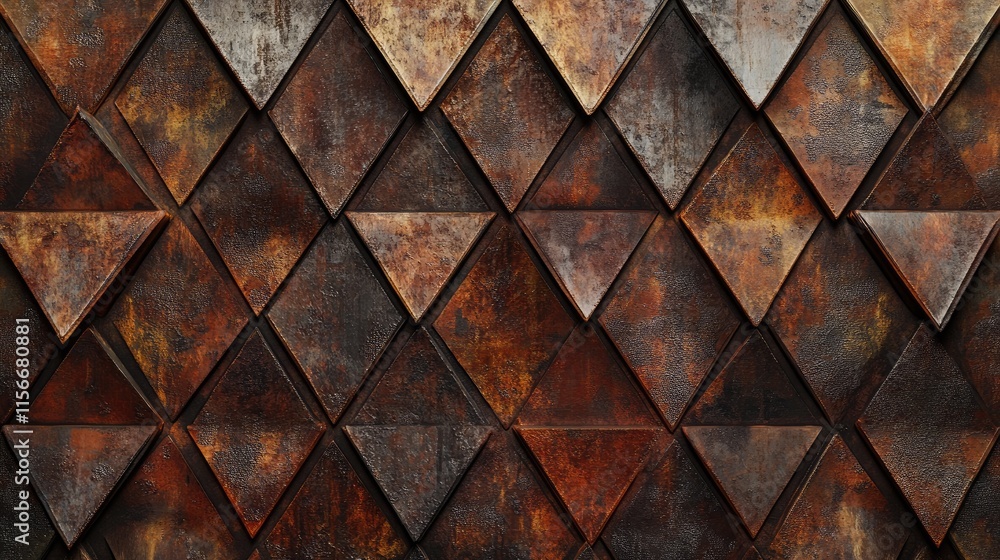 Poster Rustic triangular metal texture with weathered patina and warm earthy tones suitable for background design or artistic applications.