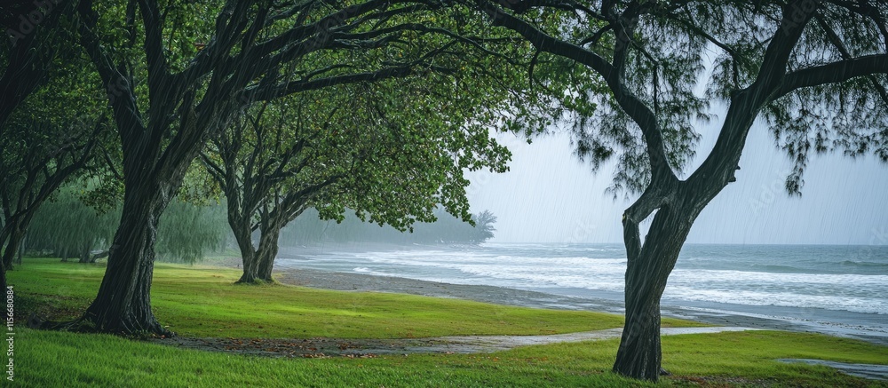Poster trees lining a tranquil beach in a coastal village on a rainy day with lush greenery and ocean waves