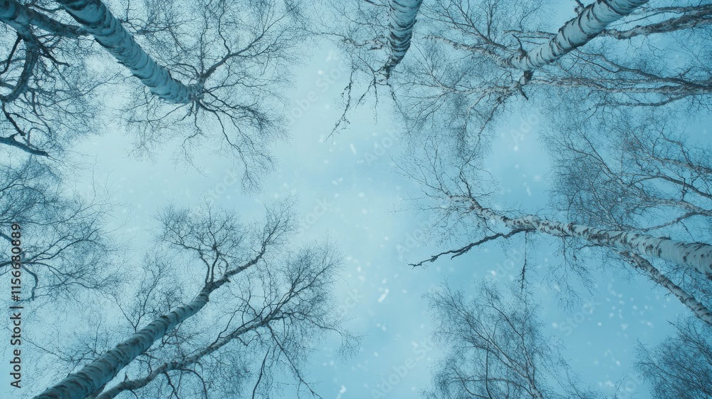 Aufkleber winter forest landscape with bare birch trees against a blue sky view from below with snowfall and b