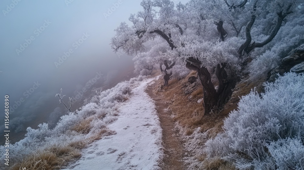 Poster frosty trees and snowy path in mountainous landscape under foggy conditions