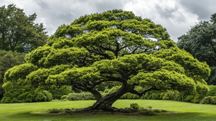 Lush green tree with sprawling branches in a serene outdoor landscape under a cloudy sky