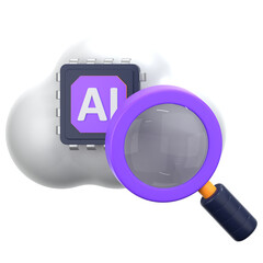 AI Cloud Analysis: A striking 3D rendering features a digital cloud, AI chip and magnifying glass, illustrating the deep dive into artificial intelligence and cloud technology