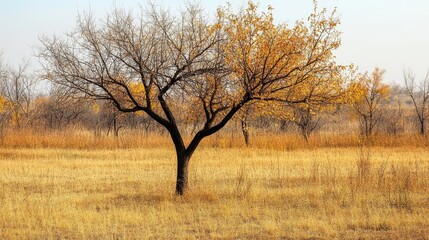 Obraz premium Lonely bare tree in autumn landscape with golden foliage against a serene natural background showcasing seasonal change and tranquility