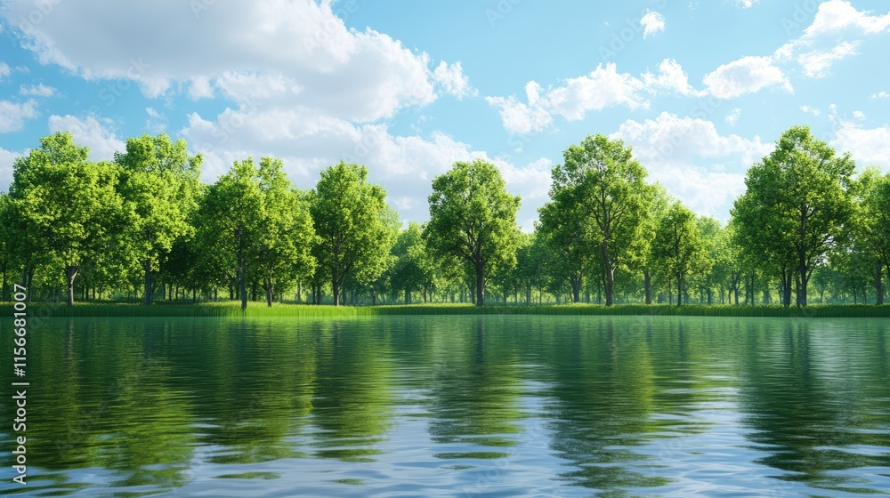 Poster lush green trees reflecting on a serene lake under a bright blue sky with fluffy clouds in a picture