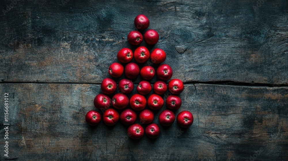 Poster Red apples arranged in a triangle shape on a rustic wooden table background for a fresh and vibrant seasonal display.