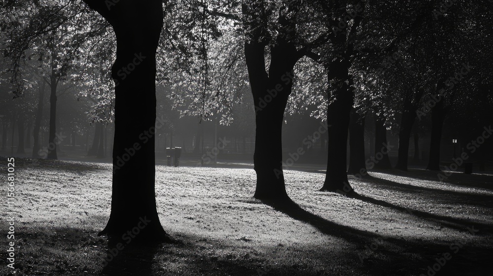 Poster silhouetted trees casting shadows in a serene park setting at dusk showcasing nature's tranquility i