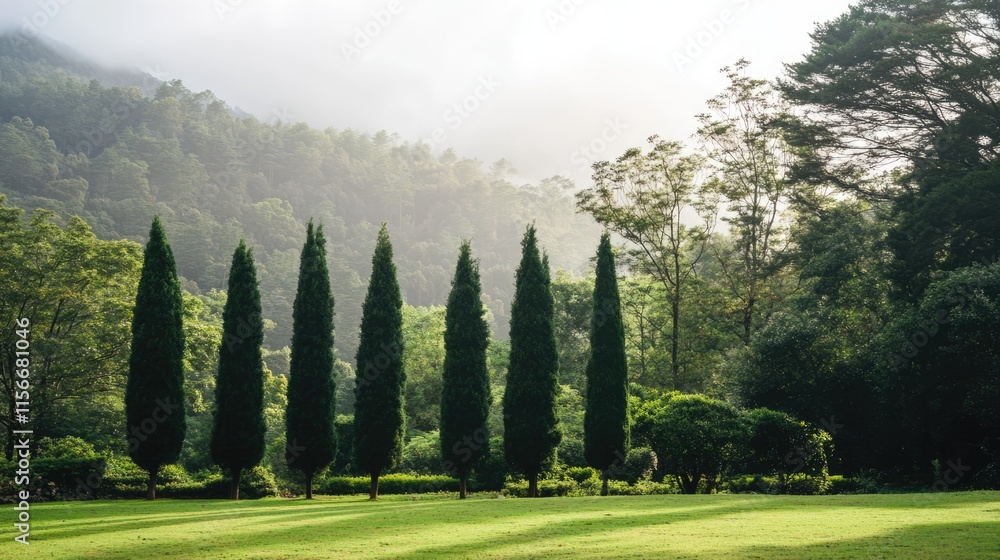 Poster serene landscape featuring tall cypress trees against a misty green mountain backdrop with lush gree