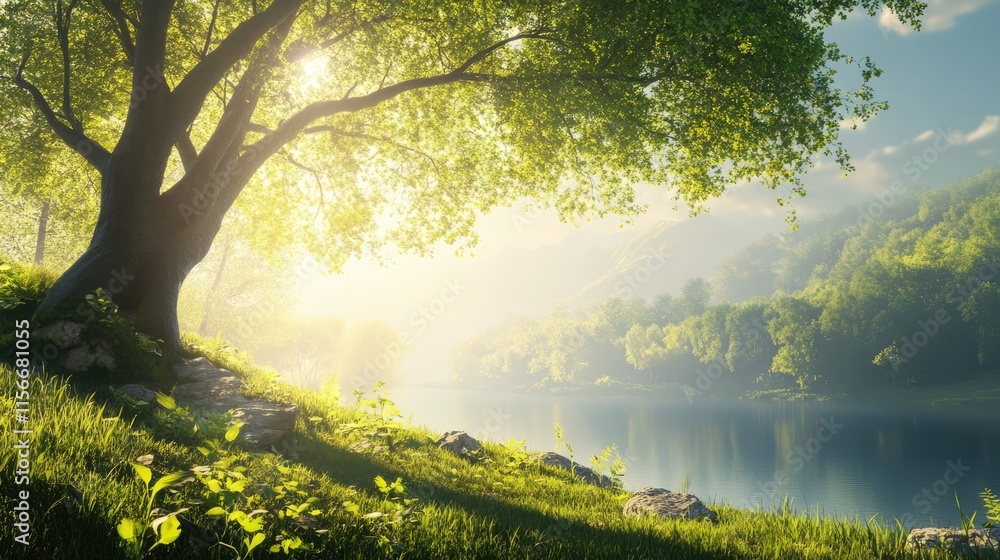 Poster serene landscape of trees by the riverbank with sunlight filtering through the leaves creating a pea