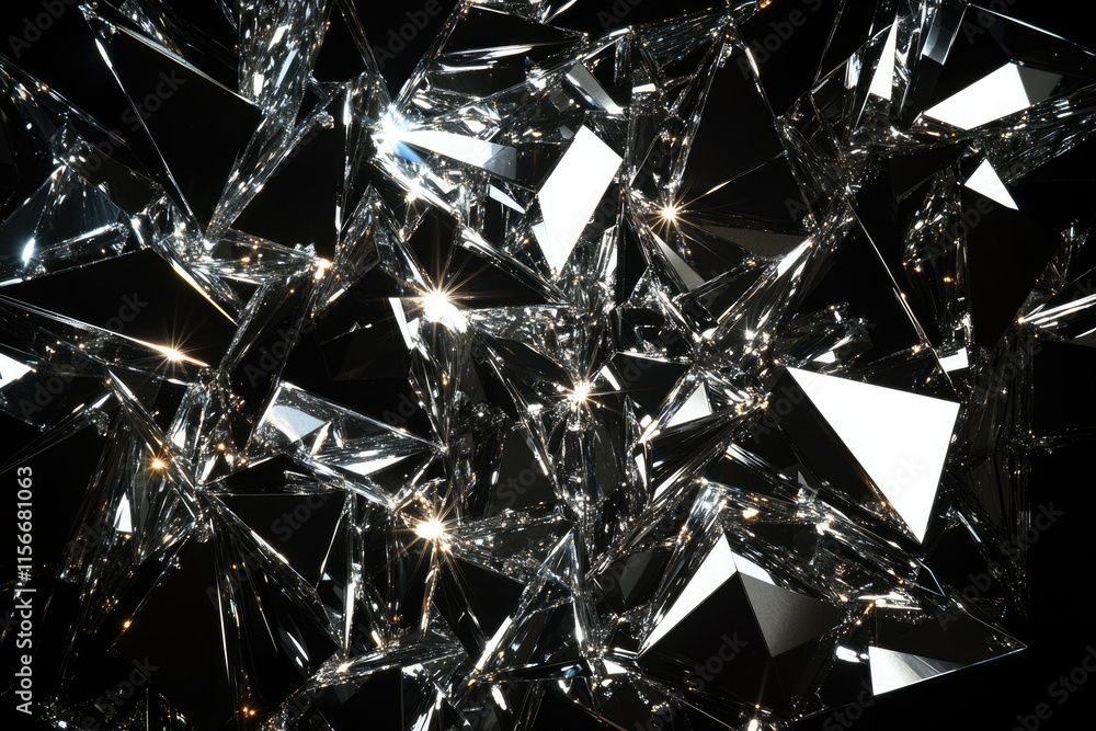 Poster abstract image of shattered glass reflecting light, creating a complex geometric pattern.