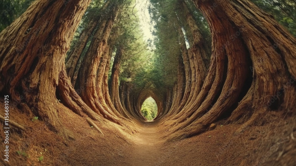 Aufkleber Enchanting forest pathway lined with majestic ancient trees creating a natural tunnel inviting exploration and tranquility in nature.