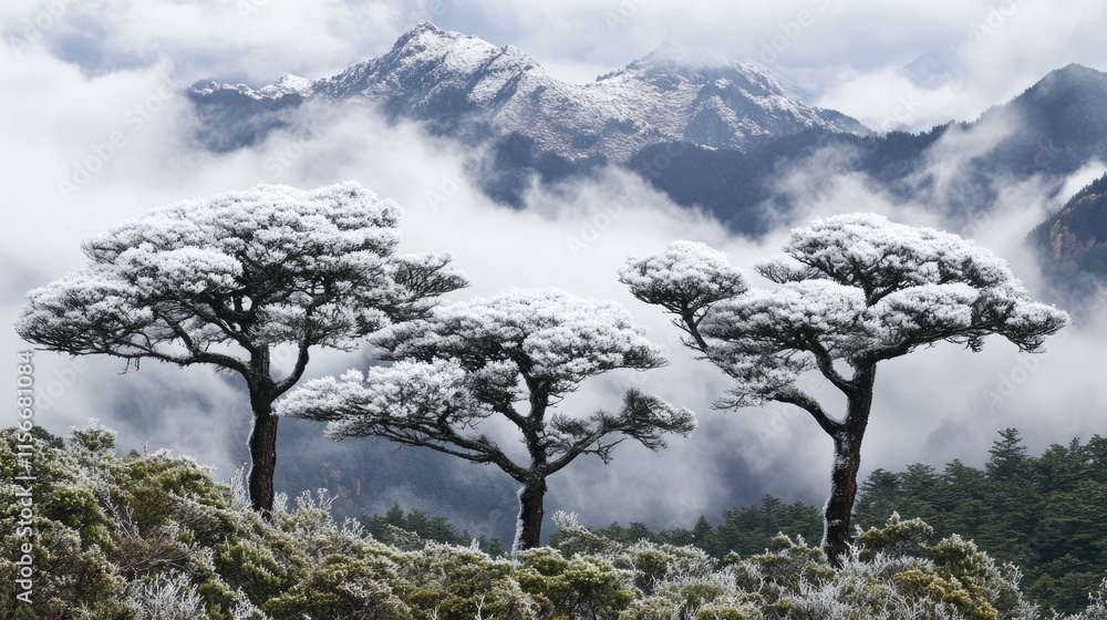 Aufkleber Snow-covered trees in a misty forest with majestic mountains in the background creating a winter wonderland atmosphere