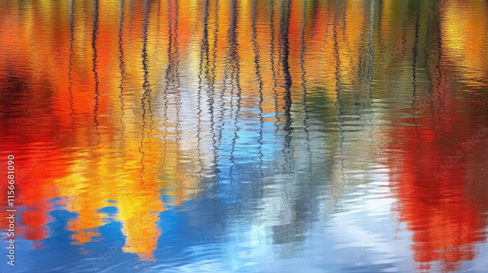 Poster Autumn foliage reflections on a tranquil pond creating vibrant colors on the water surface in a serene natural setting