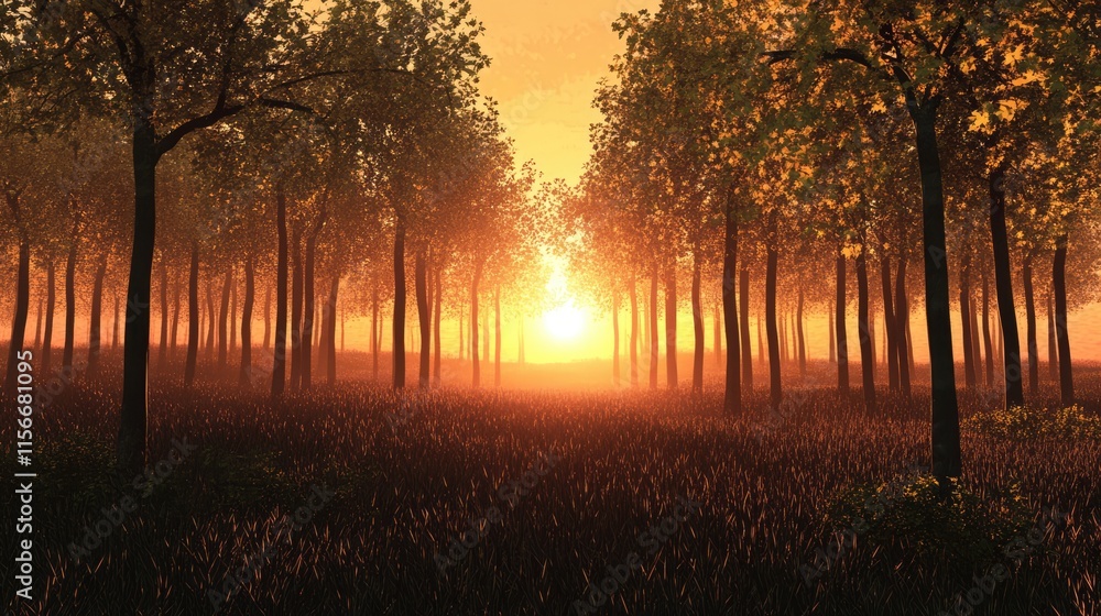 Aufkleber sunset over a tranquil forest with tall trees and a glowing horizon creating a serene atmosphere in 