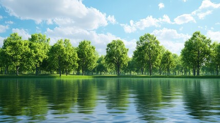 Obraz premium Lush green trees reflecting on a serene lake under a bright blue sky with fluffy clouds in a picturesque natural landscape setting