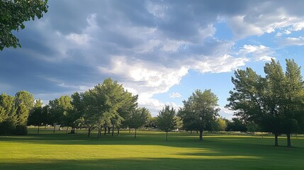 Fototapeta premium Lush green park landscape with vibrant trees under a dramatic cloudy sky creating a serene and peaceful atmosphere.