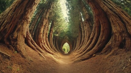 Enchanting forest pathway lined with majestic ancient trees creating a natural tunnel inviting exploration and tranquility in nature.