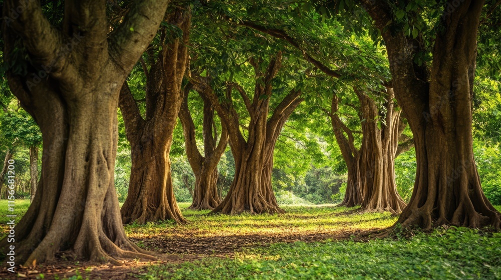 Aufkleber lush green forest with tall trees creating a natural canopy in a serene outdoor setting illuminated 