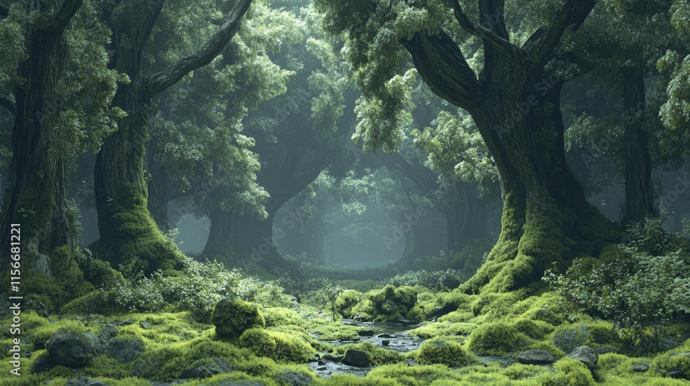Poster mossy trees in a mystical swamp setting with ethereal light and lush greenery