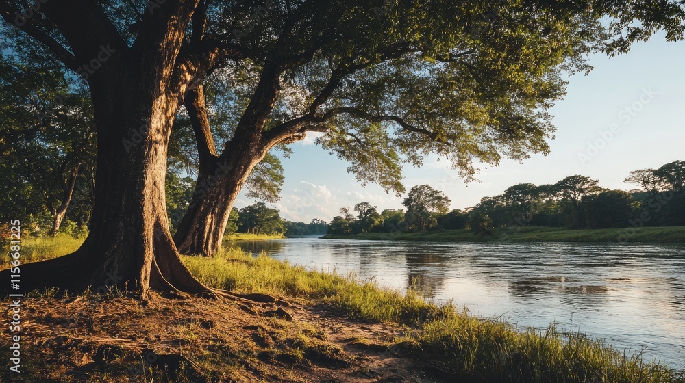 Poster tranquil riverside scene featuring majestic trees casting shadows along a serene riverbank under a c
