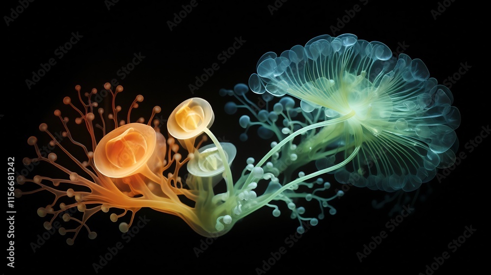 Poster surreal layers of light and color illuminating phytoplankton tiny marine microalgae as they respond 
