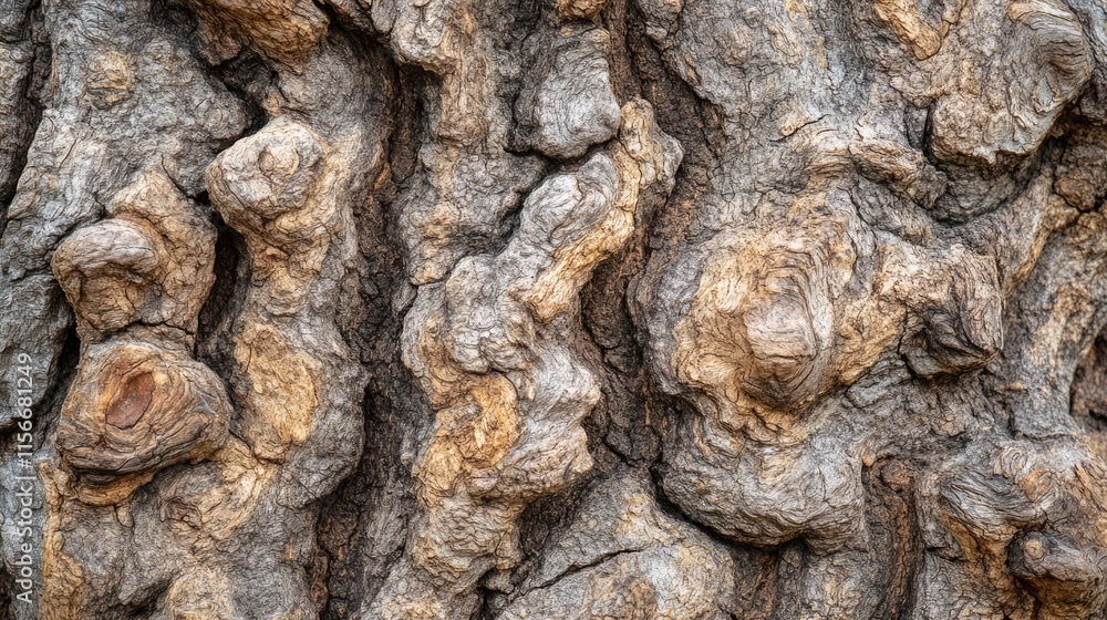 Poster Textured tree trunk surface with intricate bark patterns and natural colors in shallow depth of field photography.