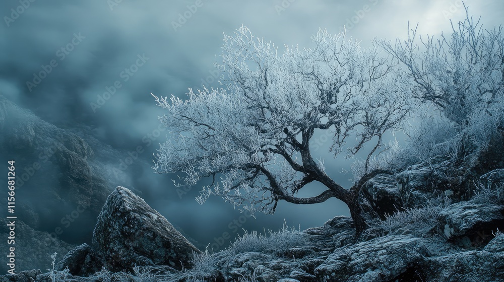 Poster Snow-covered trees in a winter landscape with misty mountains creating a serene and tranquil atmosphere in a nature scene.