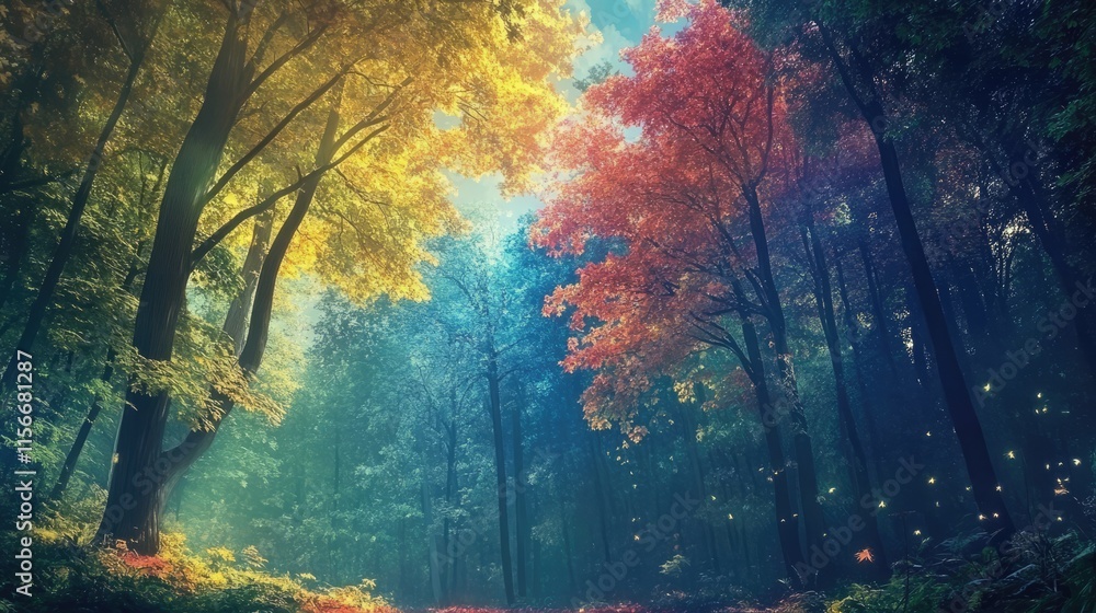Aufkleber Autumn forest landscape with vibrant colorful trees illuminated by soft sunlight creating a serene and tranquil outdoor atmosphere