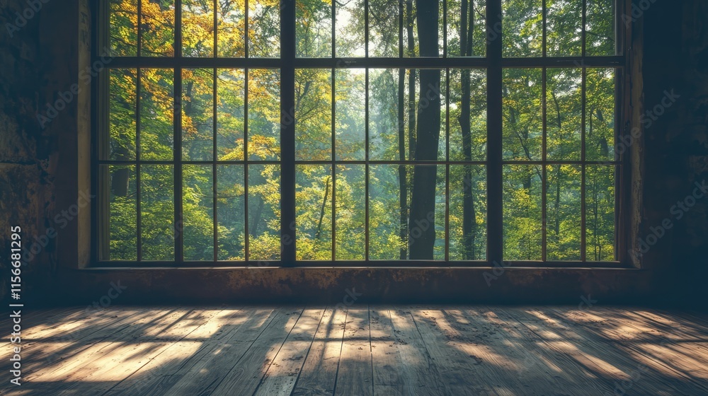 Poster serene forest view through large window with sunlight illuminating wooden floor and vibrant trees in