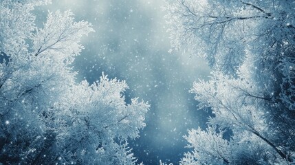Frosted trees under snowflakes in a serene winter mountain landscape with a cool blue atmosphere and soft light filtering through branches